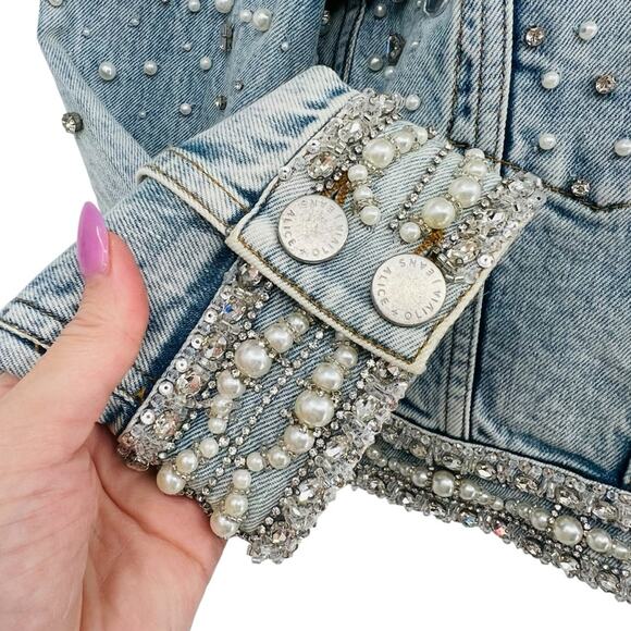 ALICE + OLIVIA Nelson Embellished Beaded Cropped Fitted Denim Jean Jacket Sm NEW - Picture 10 of 15